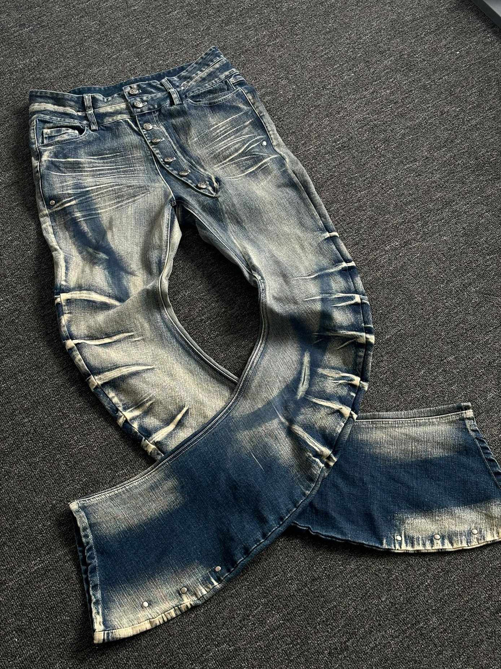 PAIKI High Stretch Washed Whisker Rivet Low Rise Loose Fit Casual Denim Straight Jeans