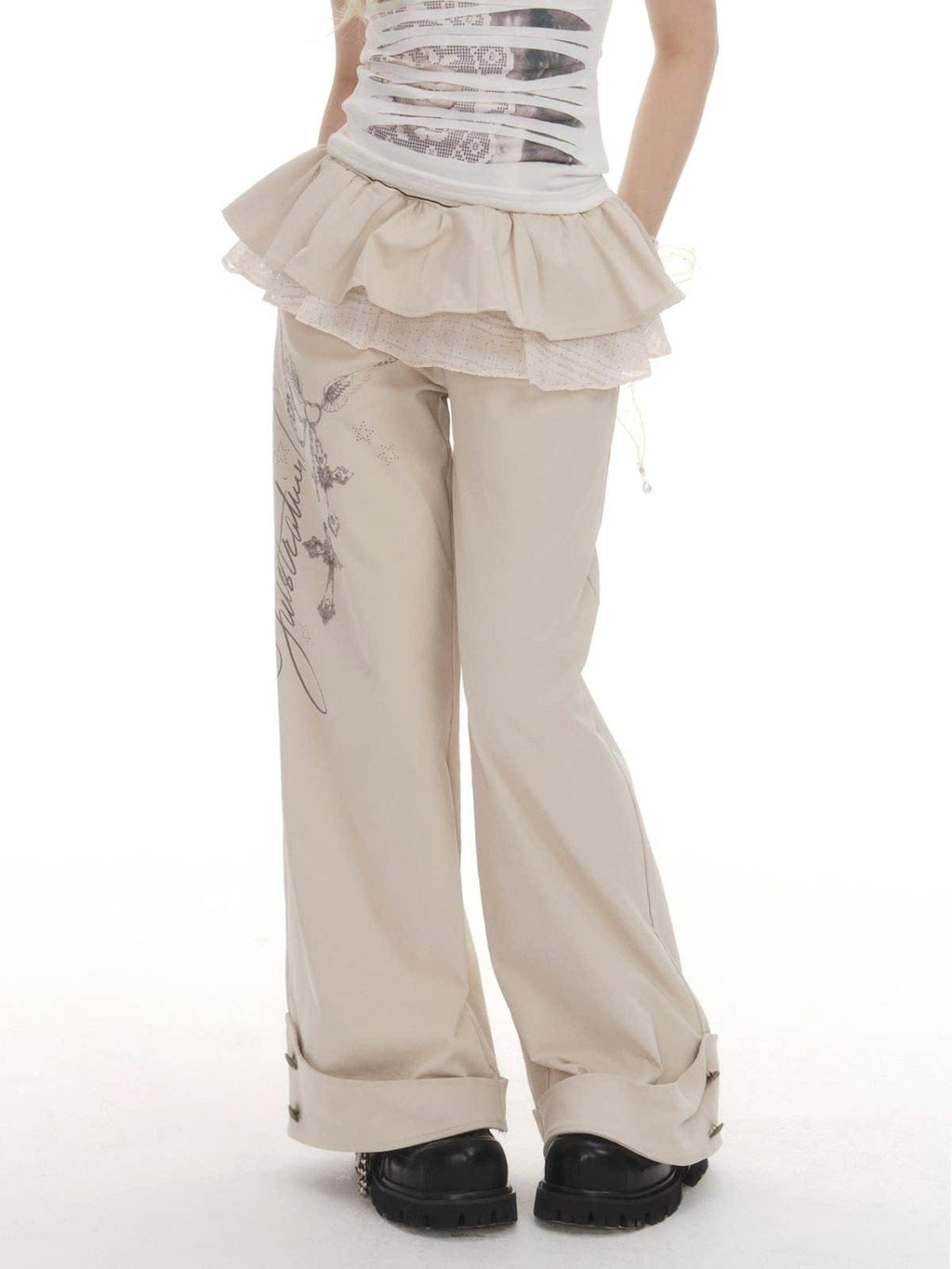 Frustration Garden Easy Casual Floral Lace Trim Wide Leg Natural Waist Elastic Women Beige Skorts