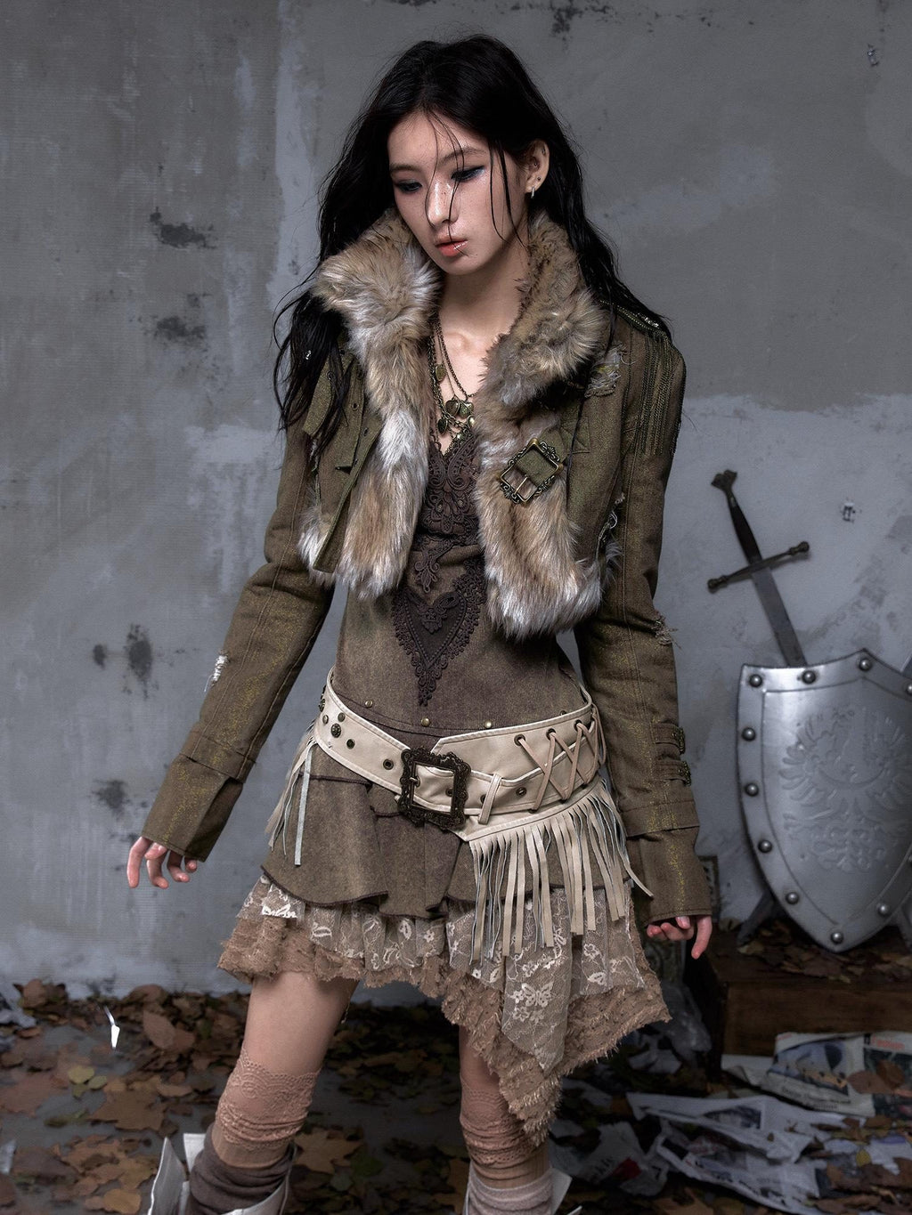 NO ROMANCE Distressed Vintage Slim Fit Cropped Long Sleeve Women Gold Khaki Casual Jackets