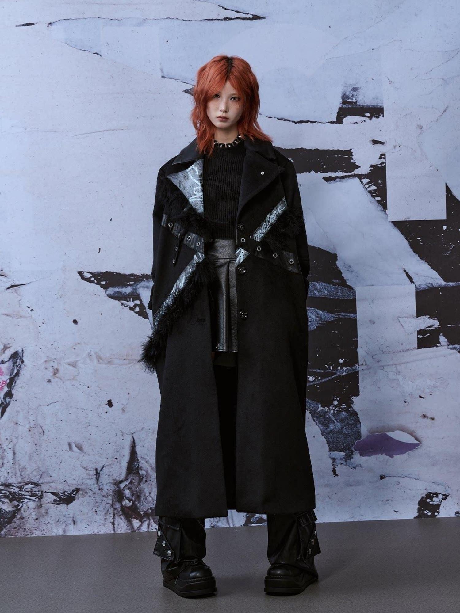 Frustration Garden Punk Street Straight Long Blazer Collar Patchwork Asymmetrical Youth Wool Coats