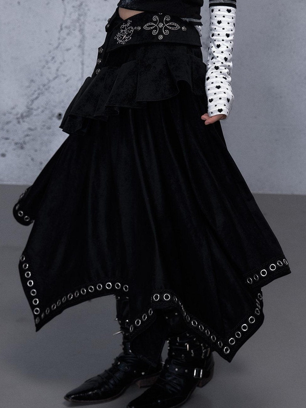 NO ROMANCE Edgy Asymmetrical High Waist A Line Loose Gothic Pu Suede Patchwork Maxi Skirts
