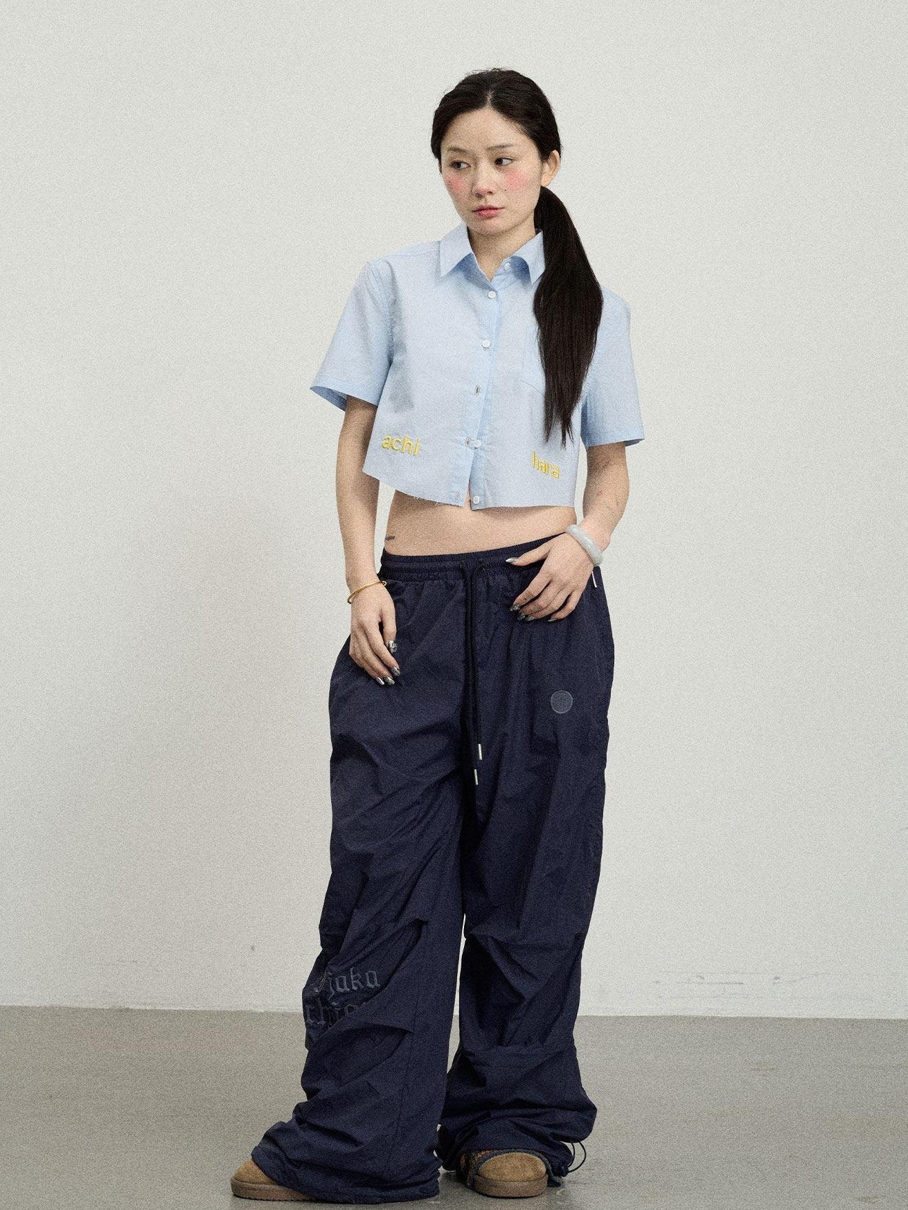 Achihara Soda Blue Office Collared Short Sleeve Women'S 100 Percent Cotton Crop Tops