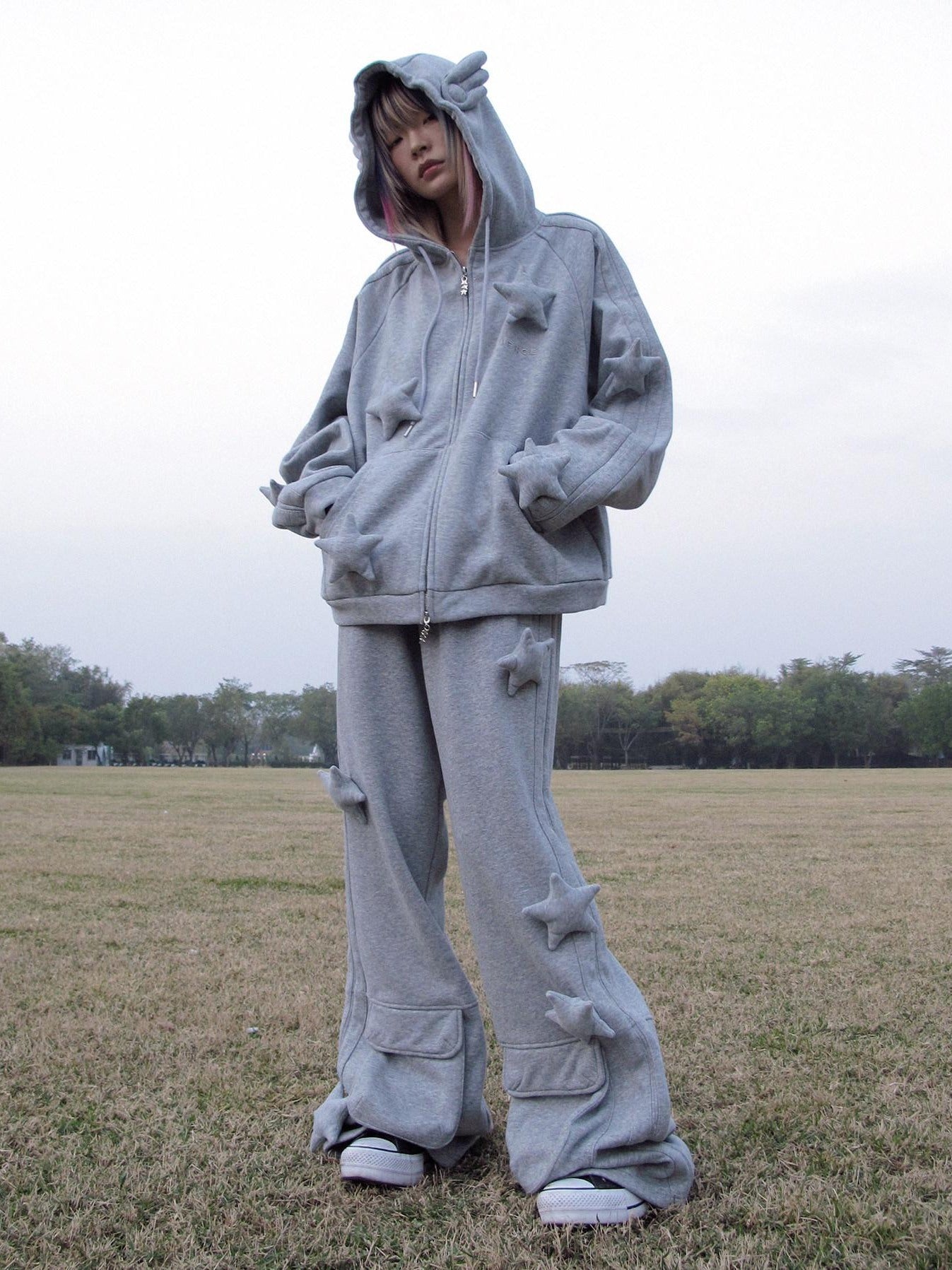 CFIERCE Asymmetrical Loose Straight Leg Street Natural Waist Gray Cotton Pants