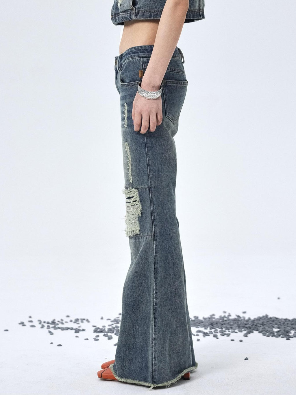 Achihara Vintage Washed Distressed Ripped Low Rise Women'S Denim Flare Jeans