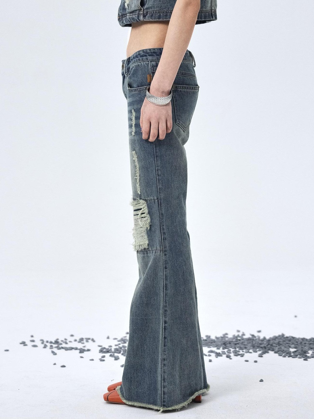 Achihara Vintage Washed Distressed Ripped Low Rise Women'S Denim Flare Jeans