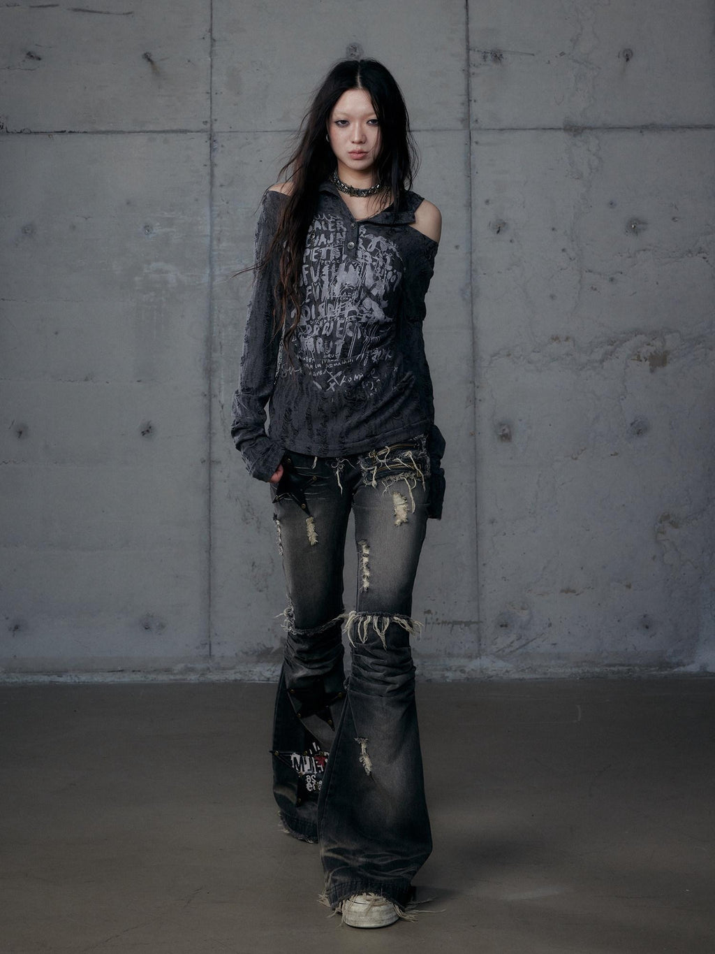NO ROMANCE Vintage Washed Black Star Print High Waist Slim Fit Women Jeans Flare Jeans