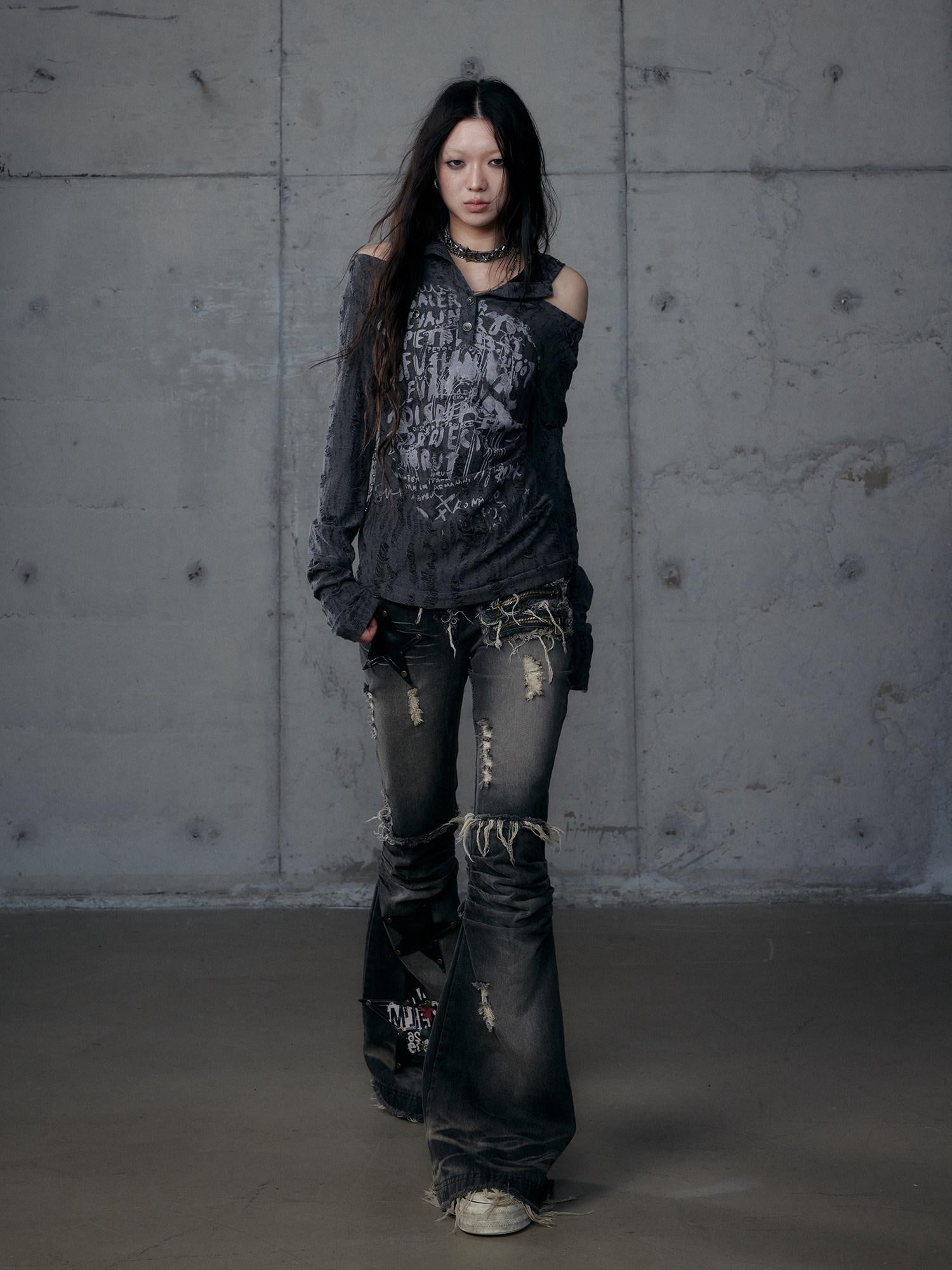 NO ROMANCE Vintage Washed Black Star Print High Waist Slim Fit Women Jeans Flare Jeans