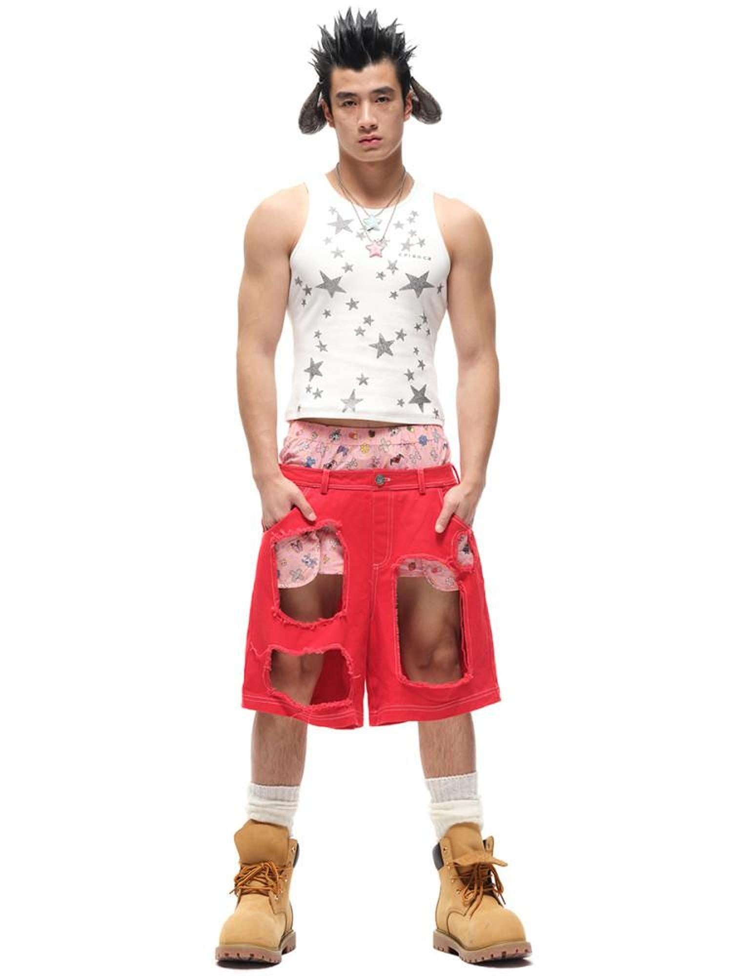 CFIERCE Breathable Cotton Low Waist Wide Leg Loose Fit Casual Youth Red White Zipper Fly
