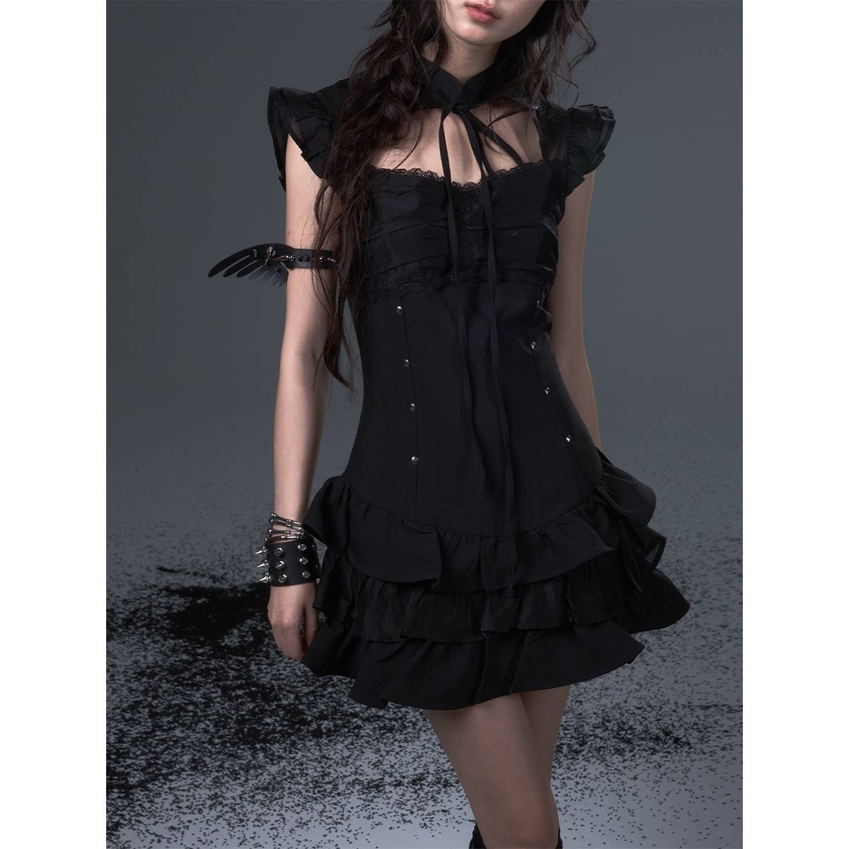 Frustration_Garden_Dark_Gothic_Tie_Waist_Flutter_Sleeves_Black_Tiered_Skirt_Casual_Mini_Dresses_MISSTT