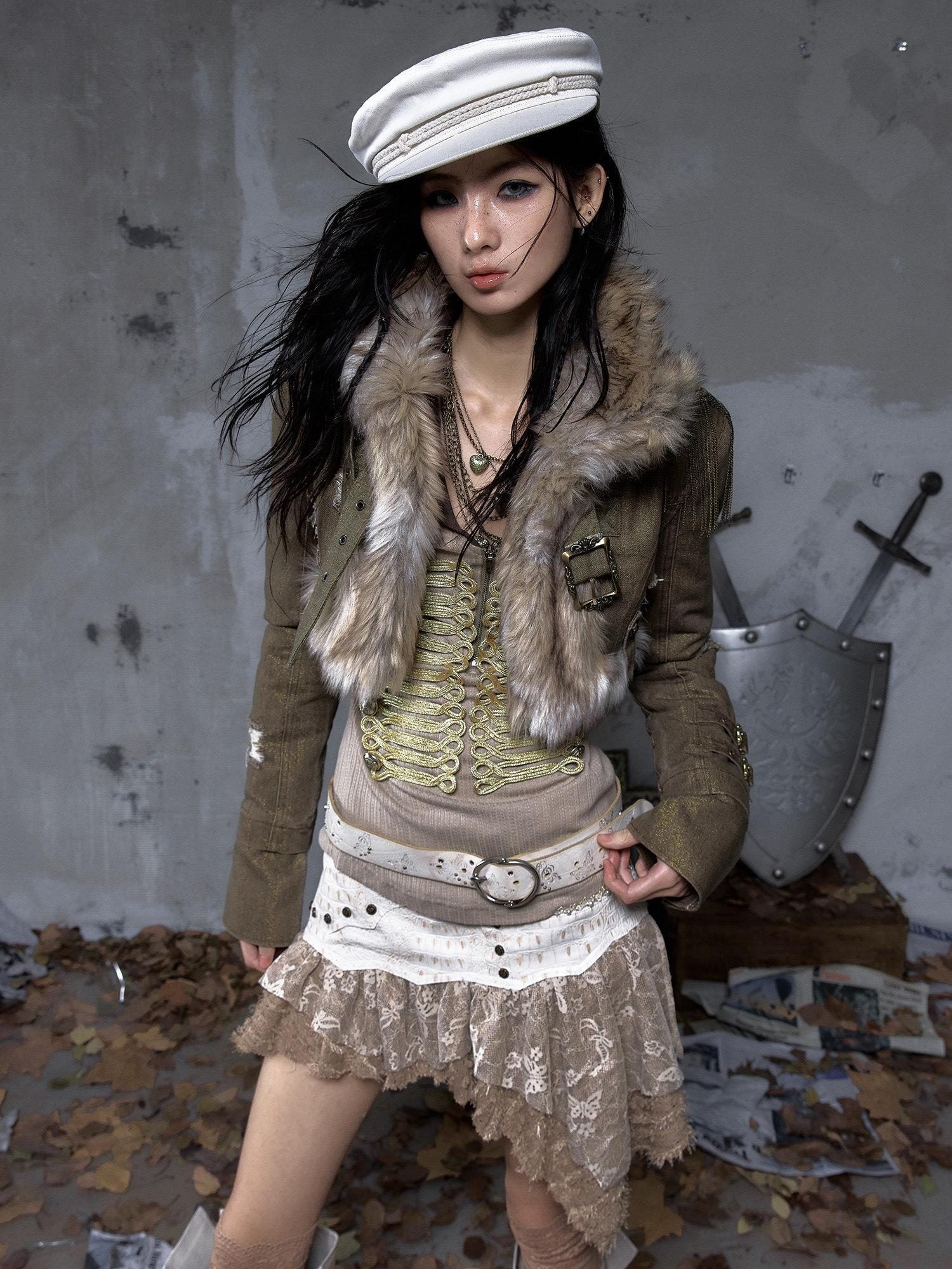 NO ROMANCE Distressed Vintage Slim Fit Cropped Long Sleeve Women Gold Khaki Casual Jackets
