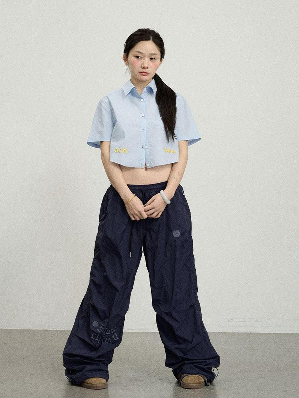 Achihara Soda Blue Office Collared Short Sleeve Women'S 100 Percent Cotton Crop Tops
