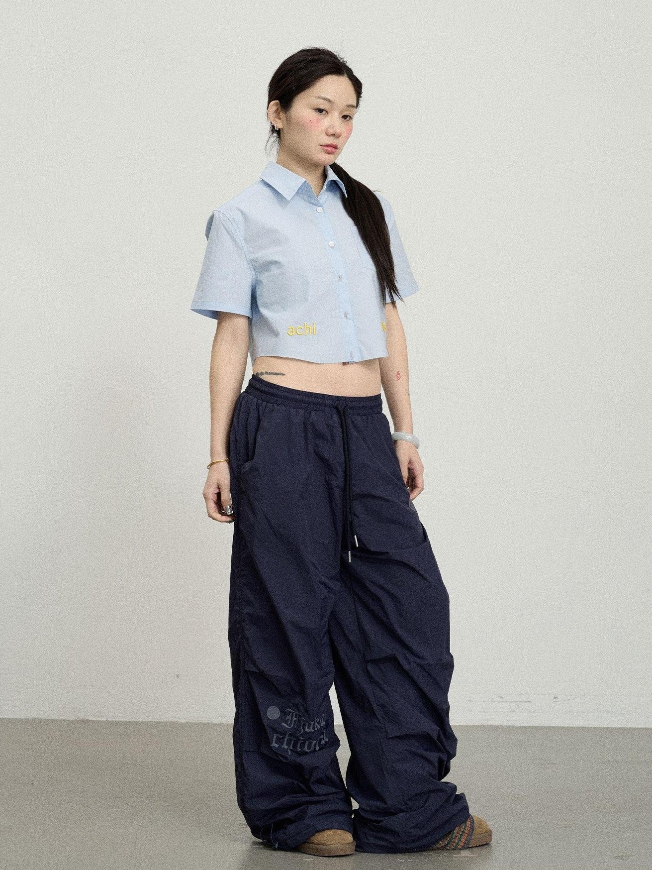 Achihara Soda Blue Office Collared Short Sleeve Women'S 100 Percent Cotton Crop Tops