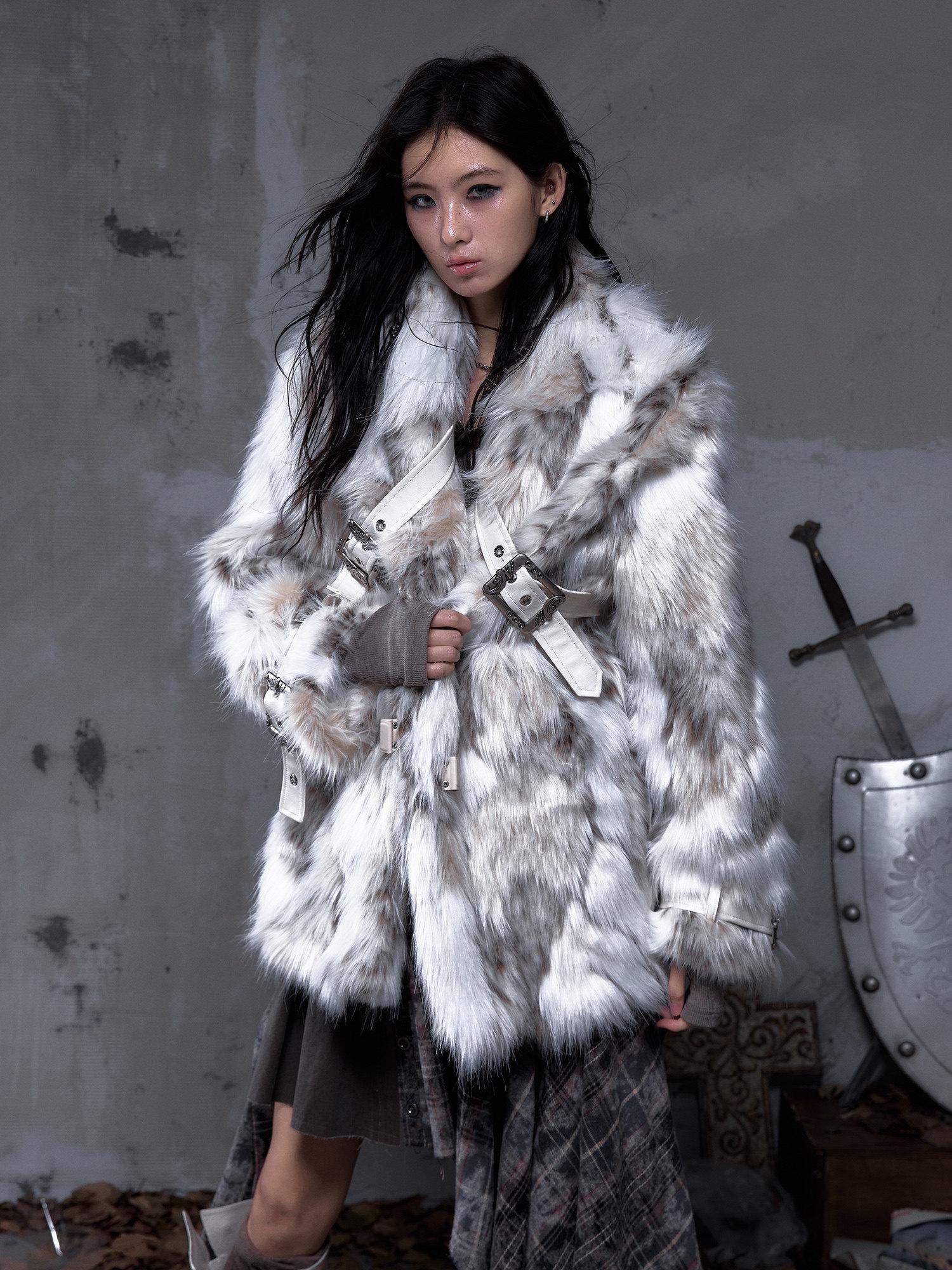 NO ROMANCE Insulated Retro Relaxed Midlength Lapel Fur Trim Women Ivory Puffer Jackets