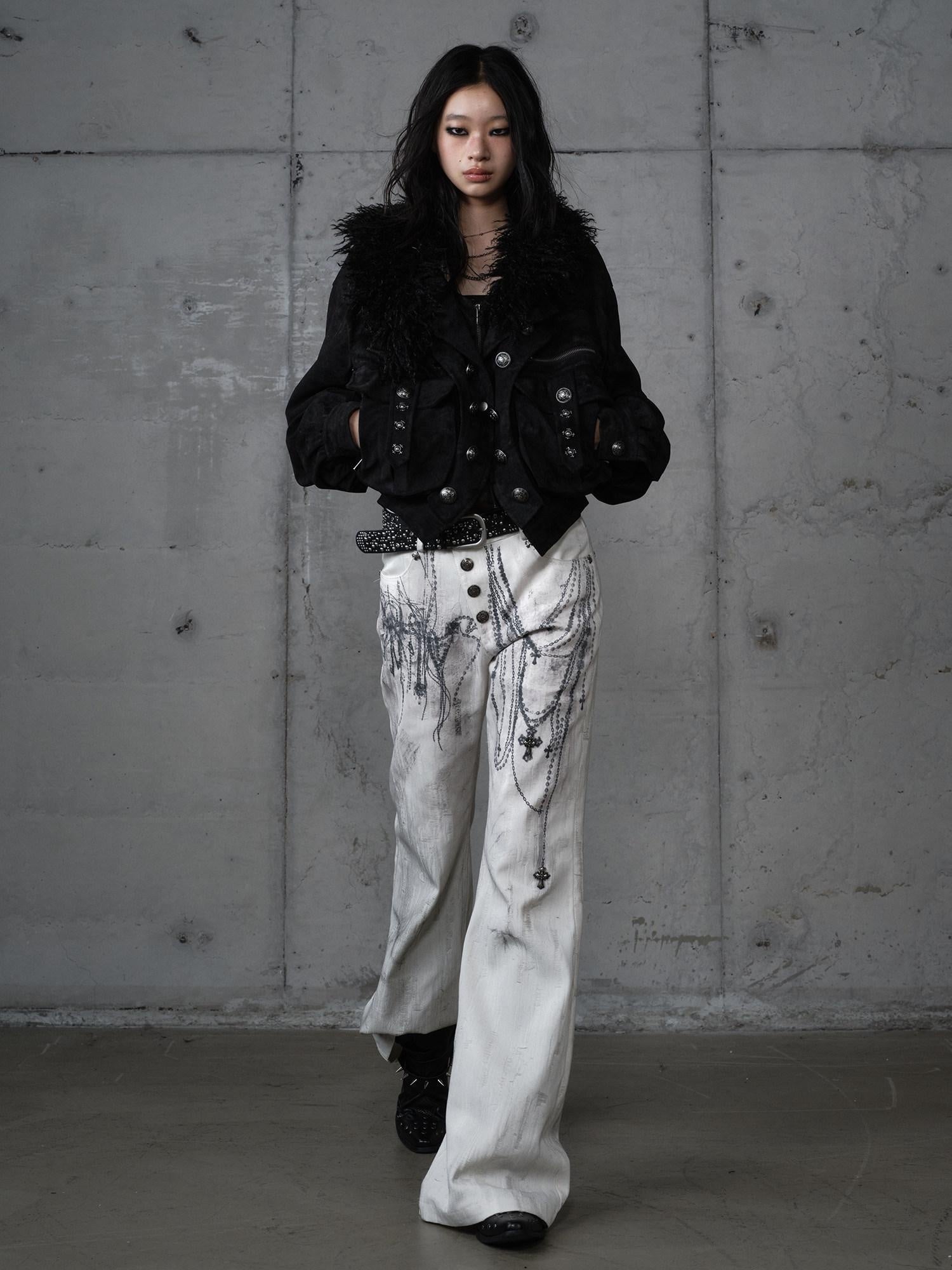 NO ROMANCE Dyed Punk Washed White Loose Fit Natural Waist Cotton Women Wide-Leg Jeans