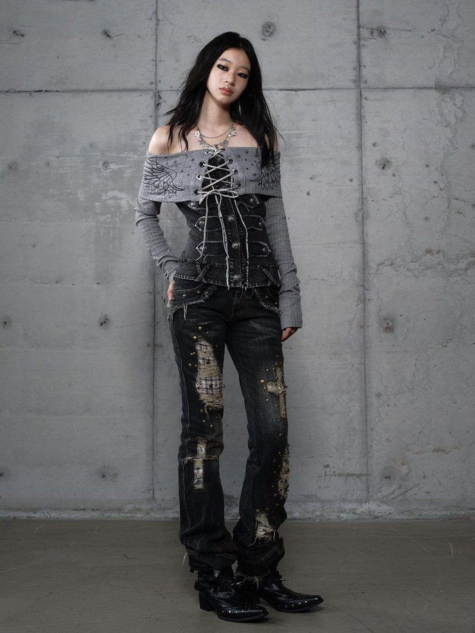 NO ROMANCE Vintage Patchwork Rhinestone Knit Women Washed Gray Long Sleeve T-Shirts