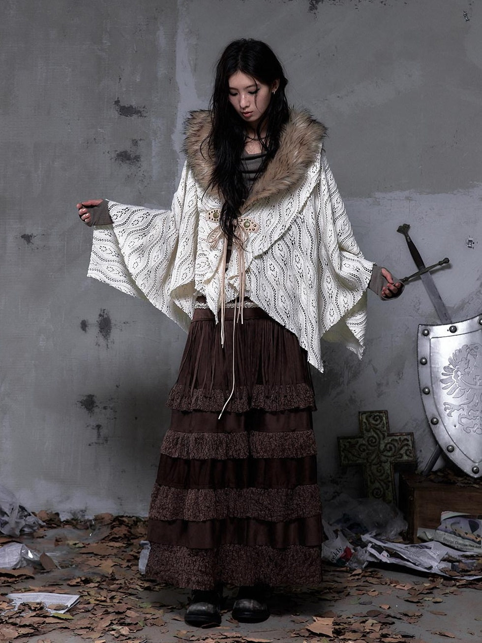 NO ROMANCE High Waist Court Tassel A Line Casual Brown No Stretch Maxi Skirts