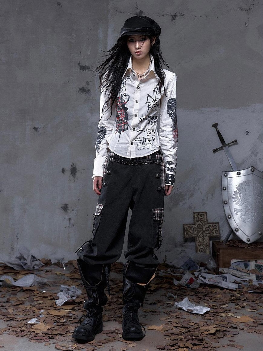 NO ROMANCE Pure Cotton Punk Patchwork Loose Fit Natural Waist Button Fly Women Pants Chinos