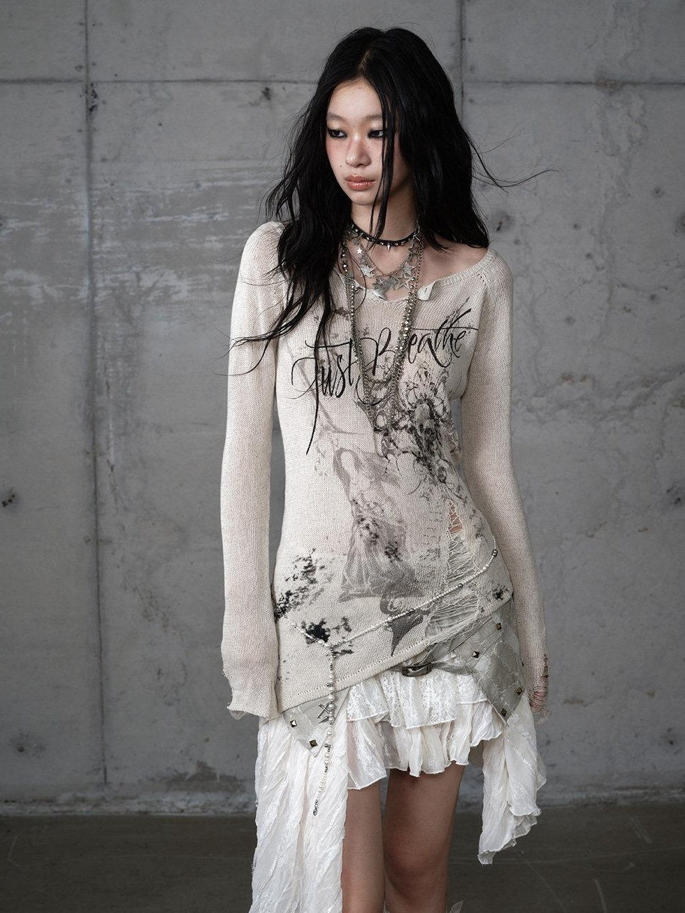 NO ROMANCE Soft Slim Punk V-neck Reversible Distressed Polyester Women Long Sleeve T-Shirts