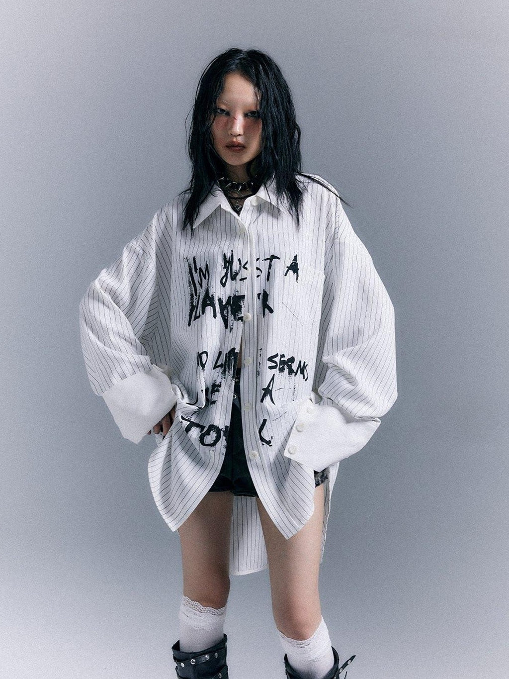 Frustration Garden Original Loose Fit Asymmetric Button Print Pocket Unisex Long Sleeve Shirts