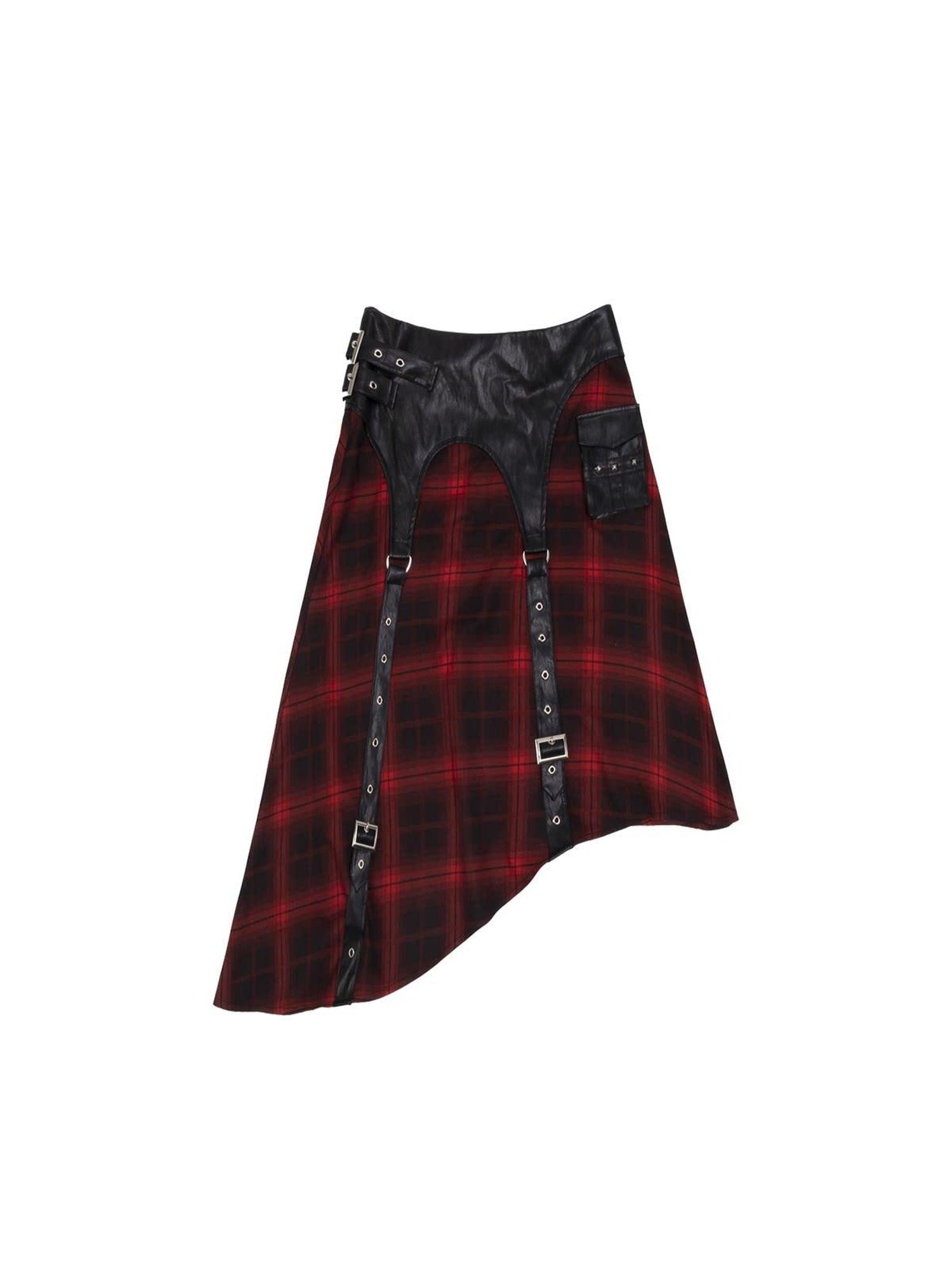 Frustration Garden Edgy Patchwork Asymmetrical A Line Mid Waist Loose Women Black Red Midi Skirts