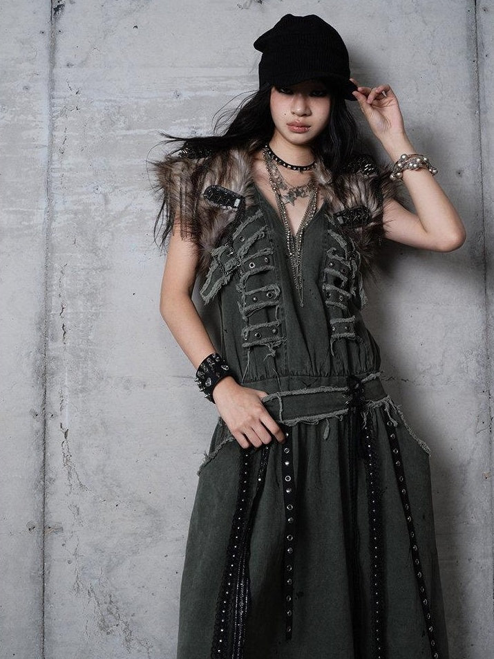 NO ROMANCE Washed Grunge Green Pocketed Punk A Line Loose V-neck Women Casual Midi Dresses