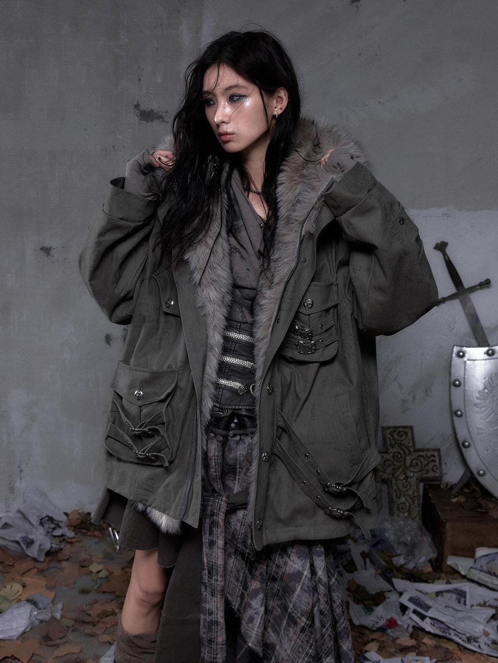 NO ROMANCE Thick Insulated Hooded Punk Oversized Midlength Zip Khaki Green Puffer Jackets