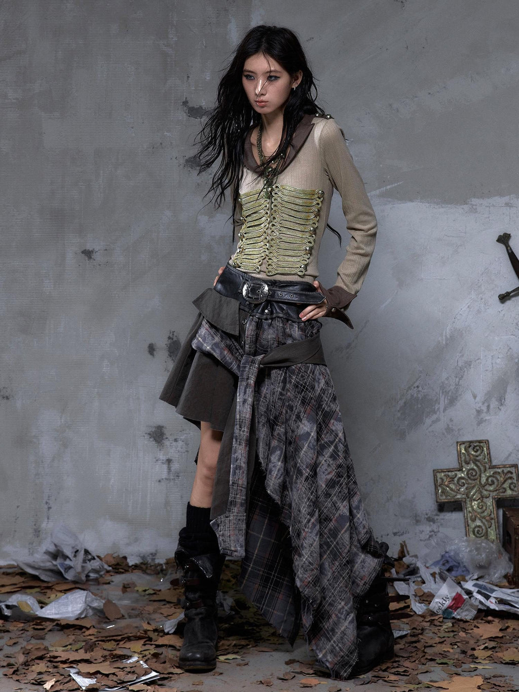 NO ROMANCE Edgy Patchwork Asymmetric Slim Mid Waist Women Citywalk Midi Skirts