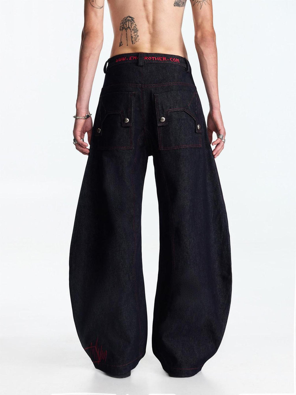 EMOBROTHER Embroidered Patch Mid Rise Baggy American Denim Cotton Wide-Leg Jeans