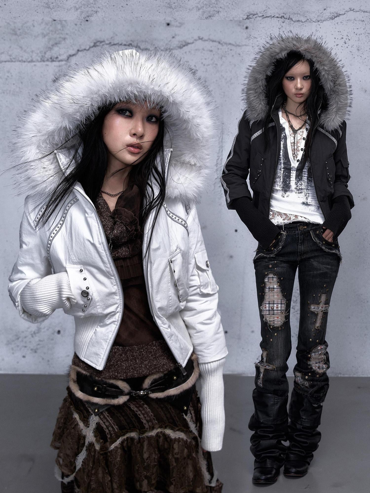 NO ROMANCE Edgy Punk Slim Fit Hooded Cropped Short Sleeve Zipper Women Puffer Jackets