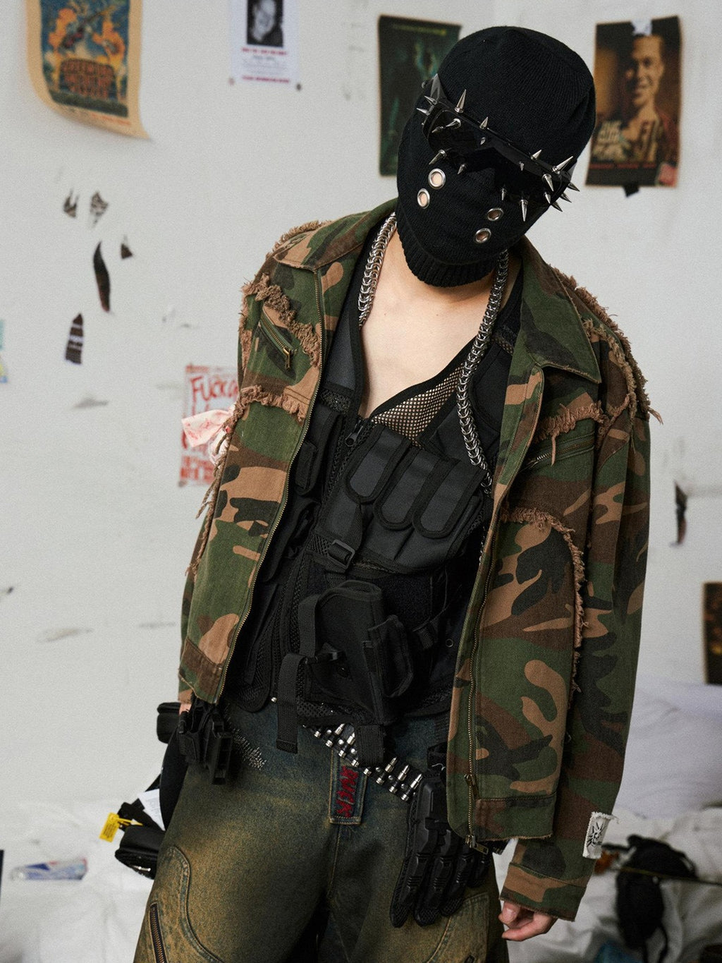 EMOBROTHER Camo Cotton Patchwork Boxy Shirt Collar Unisex Zipper Casual Jackets
