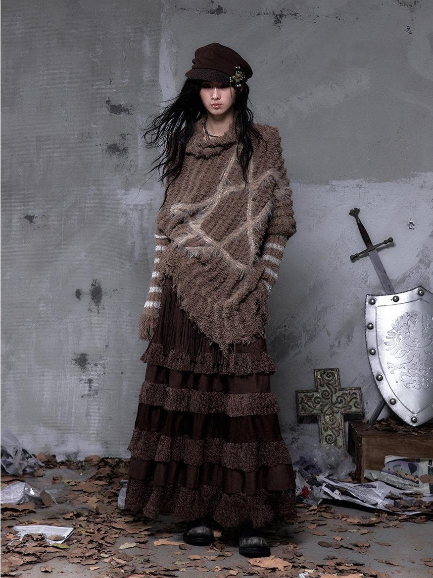 NO ROMANCE High Waist Court Tassel A Line Casual Brown No Stretch Maxi Skirts