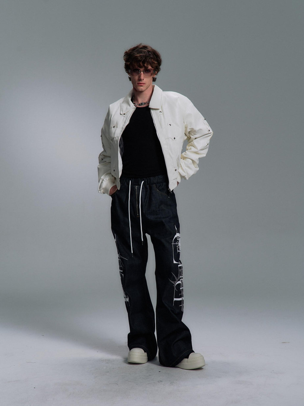 PAIKI Detachable Fur Collar Embroidered Devil Gothic Straight Fit Pu Puffer Jackets