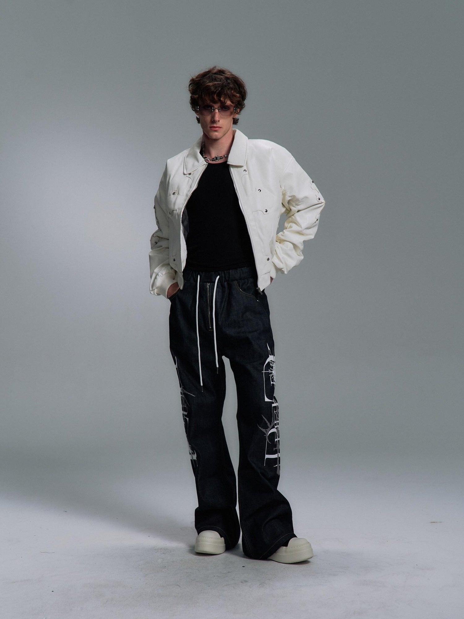 PAIKI Detachable Fur Collar Embroidered Devil Gothic Straight Fit Pu Puffer Jackets