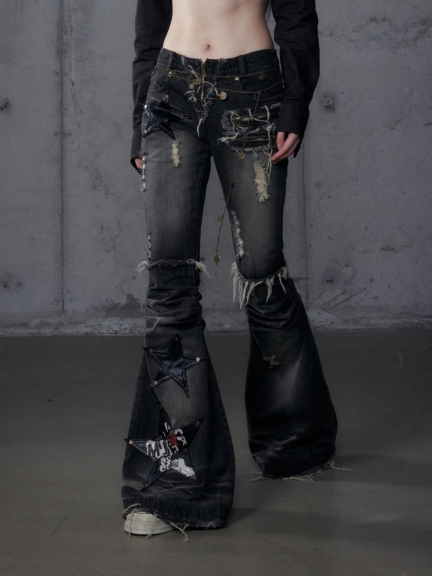 NO ROMANCE Vintage Washed Black Star Print High Waist Slim Fit Women Jeans Flare Jeans