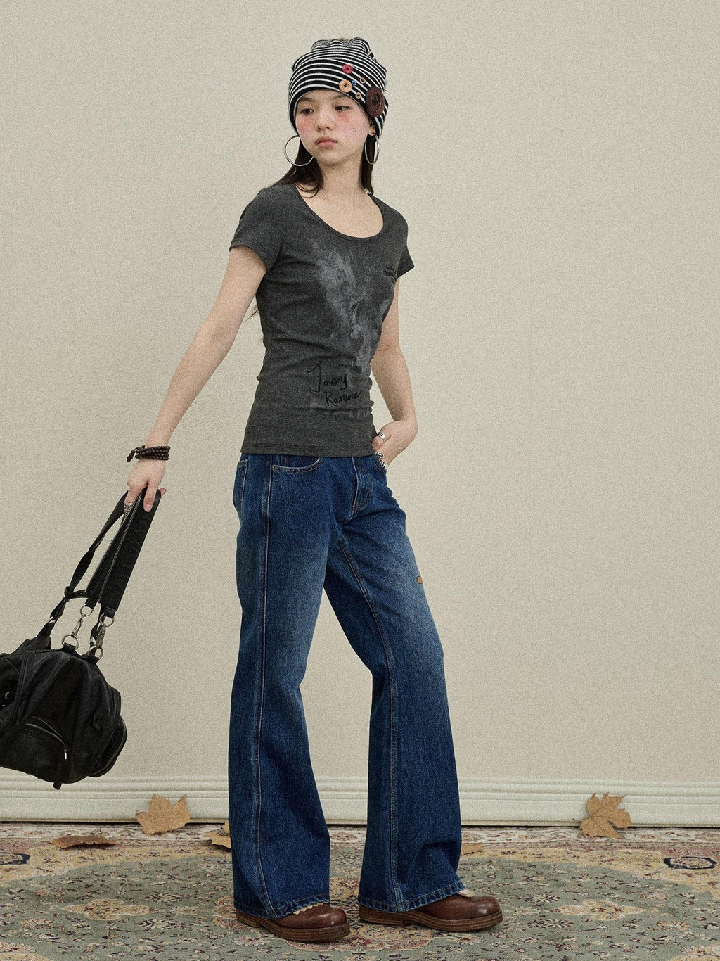 Achihara Slight Embroidered Distressed Wash Slim Women'S Denim Flare Jeans