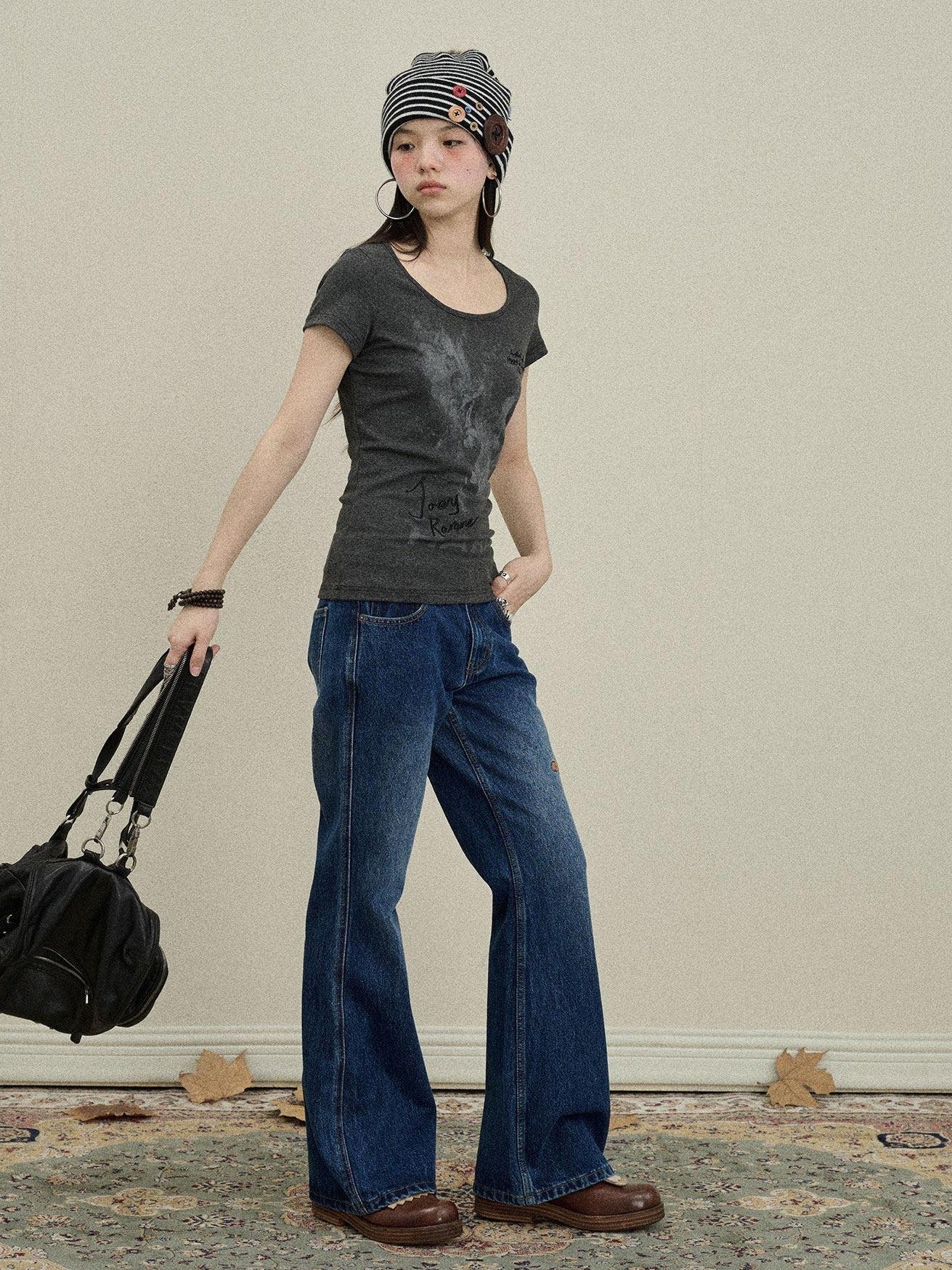 Achihara Slight Embroidered Distressed Wash Slim Women'S Denim Flare Jeans