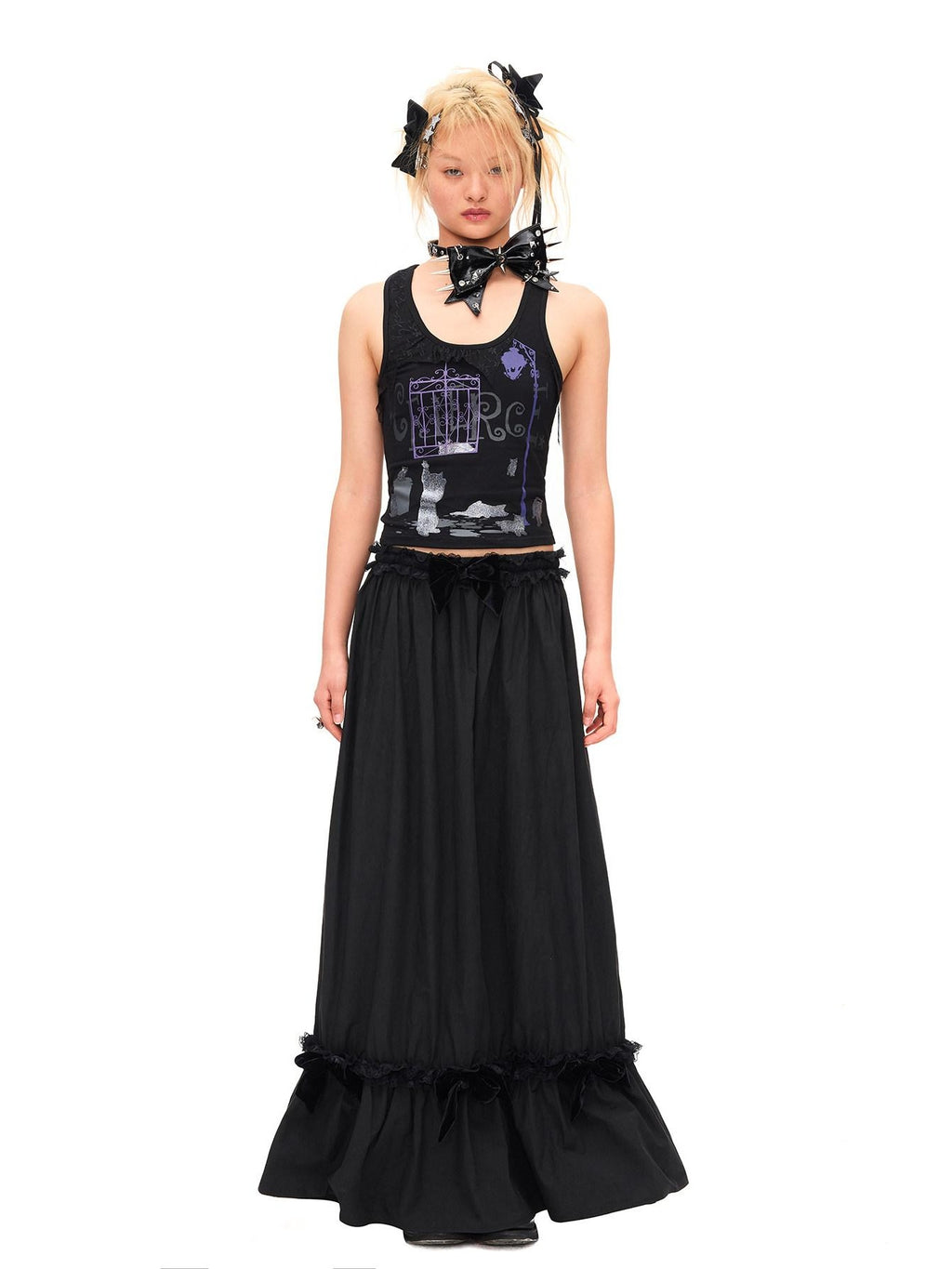 CFIERCE Lace Trim Silk Bamboo Blend Pleated Mid Waist Straight Black Skirt