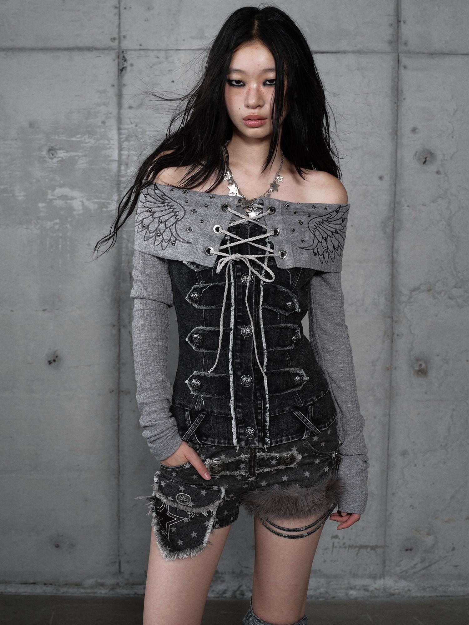 NO ROMANCE Vintage Patchwork Rhinestone Knit Women Washed Gray Long Sleeve T-Shirts
