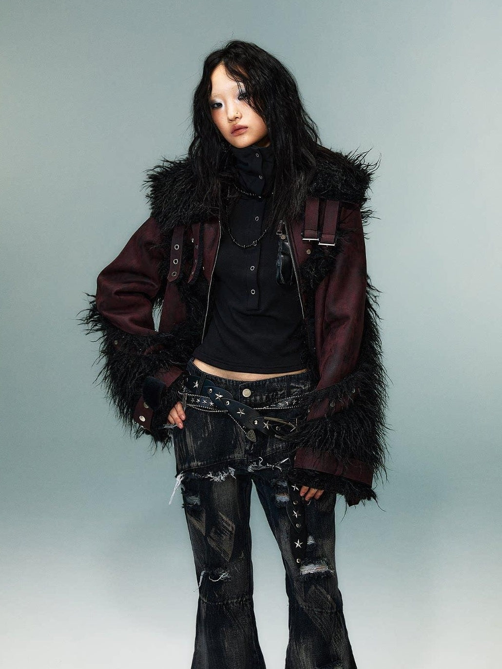 Frustration Garden Warm Oversized Original Zip Patchwork Faux Fur Studs Women Casual Jackets