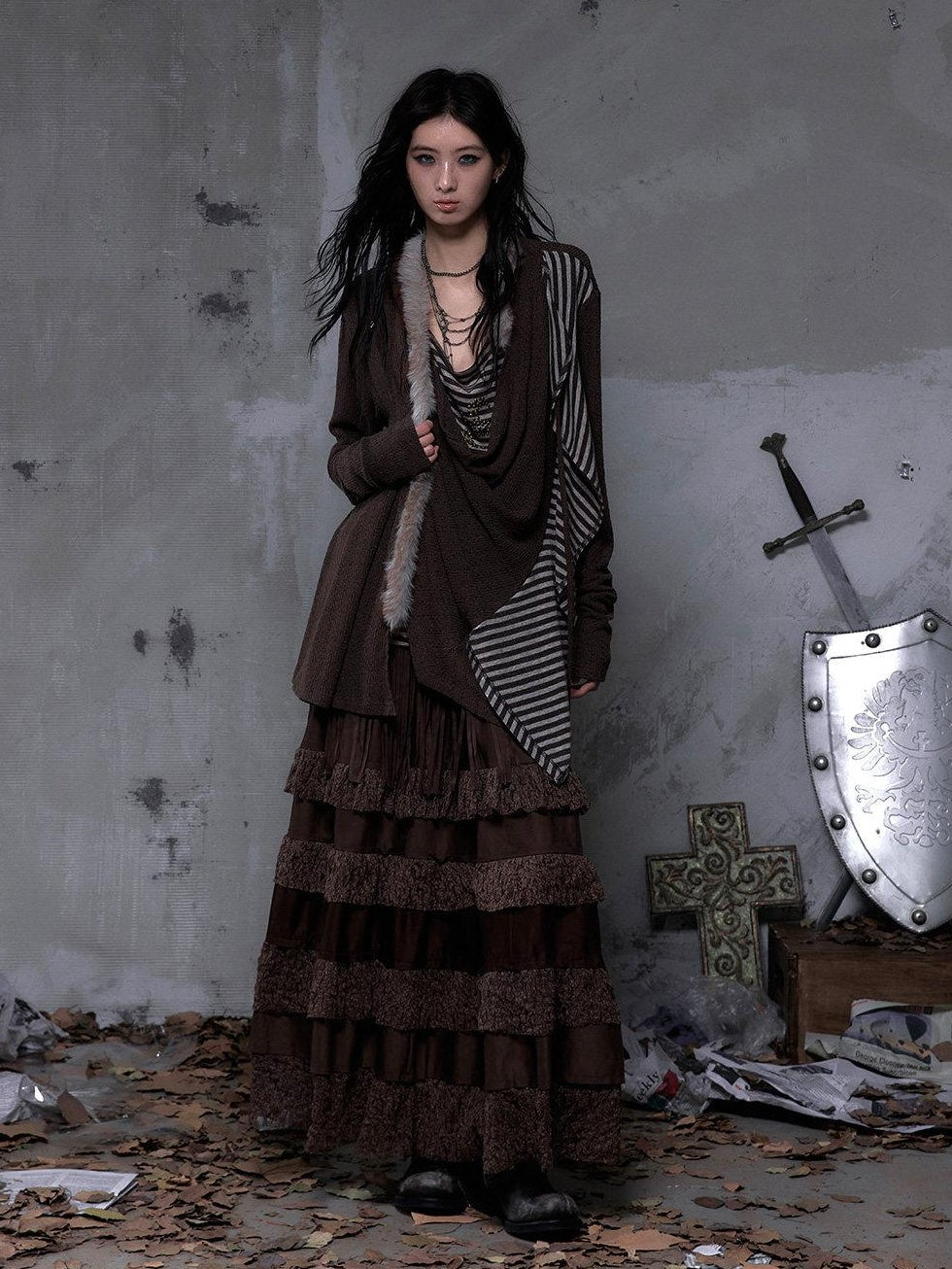 NO ROMANCE High Waist Court Tassel A Line Casual Brown No Stretch Maxi Skirts