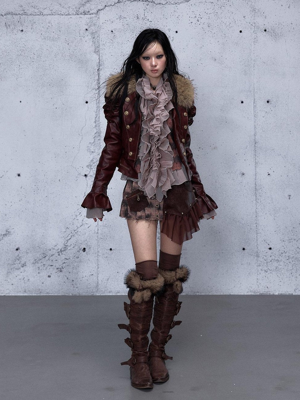 NO ROMANCE Removable Punk Style Regular Fit Women Burgundy Button Front Casual Jackets