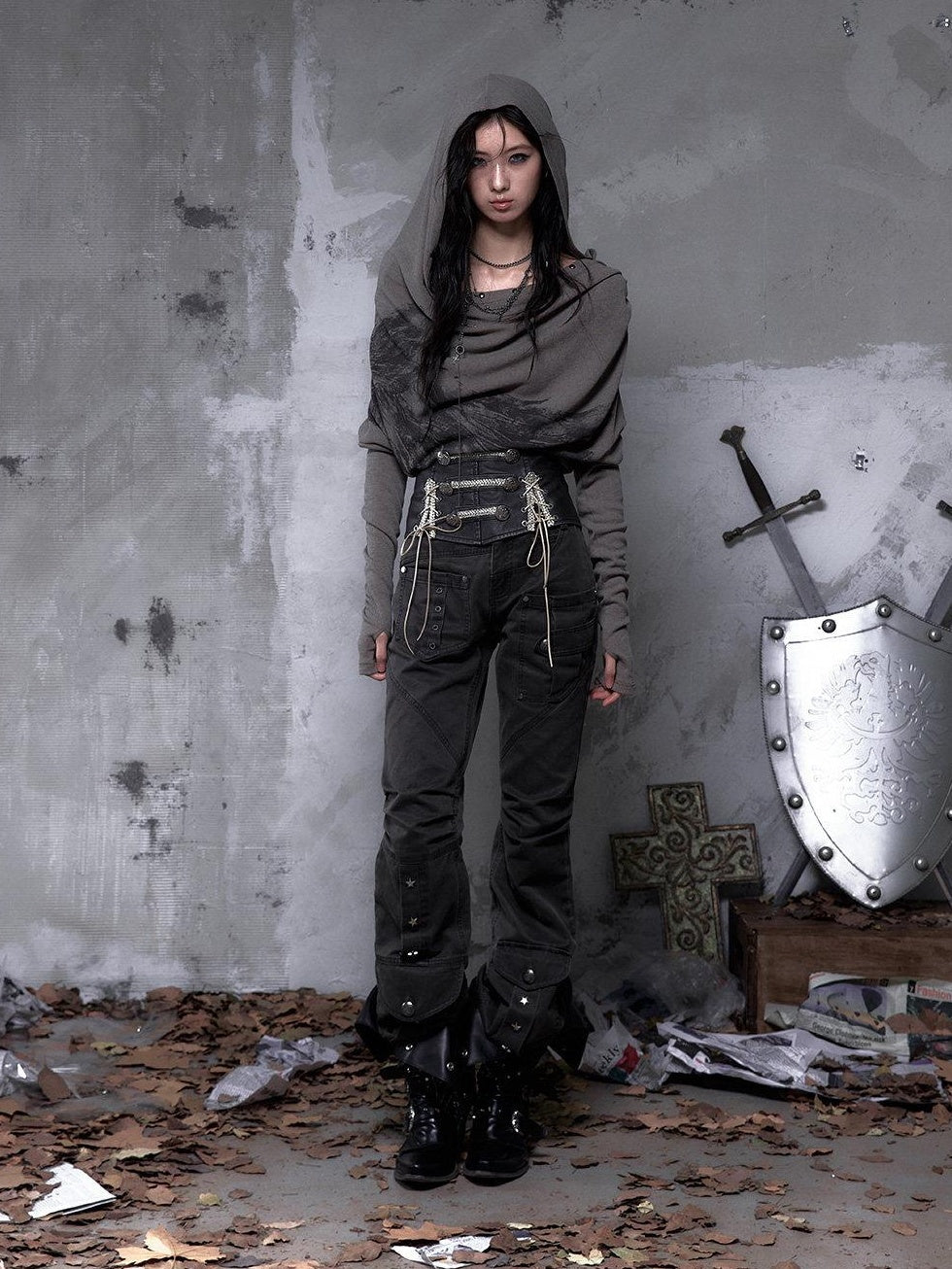 NO ROMANCE Pleated Button Mid Low Rise Subtle Flare Dark Grunge Women Chinos