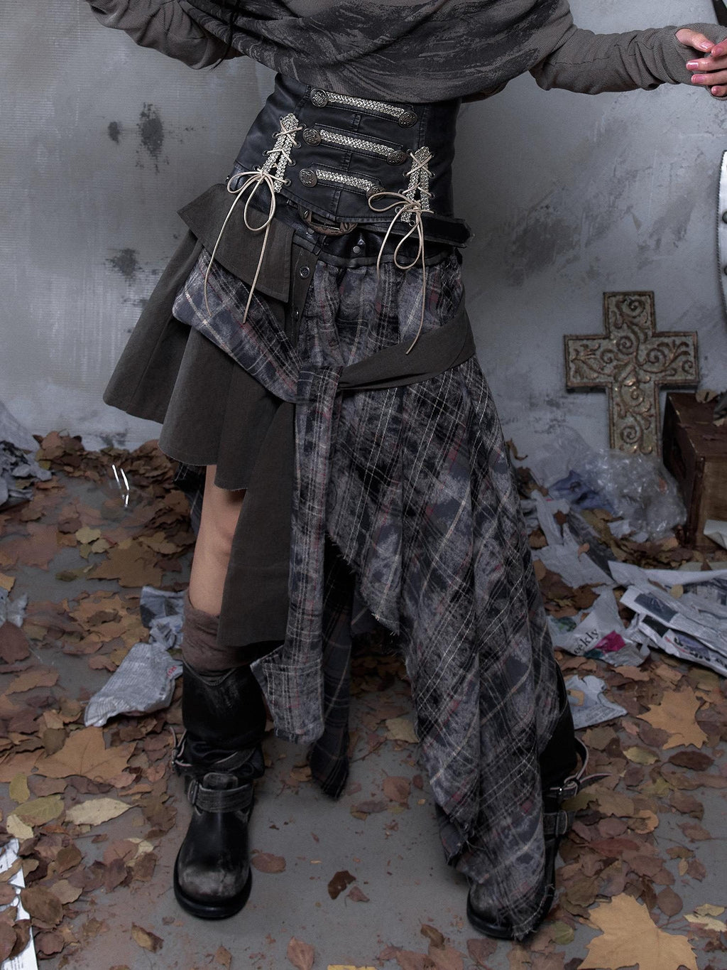 NO ROMANCE Edgy Patchwork Asymmetric Slim Mid Waist Women Citywalk Midi Skirts