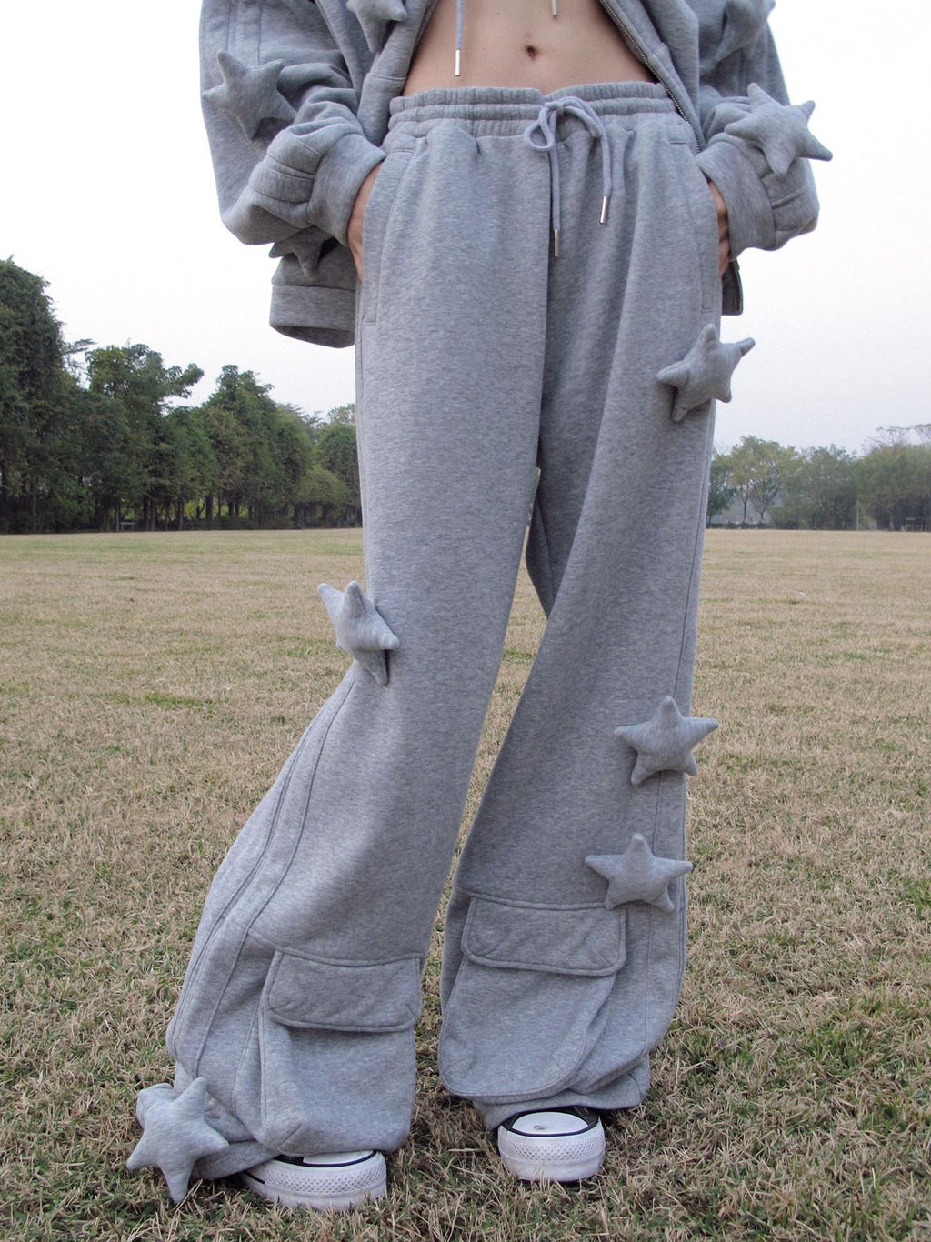CFIERCE Asymmetrical Loose Straight Leg Street Natural Waist Gray Cotton Pants