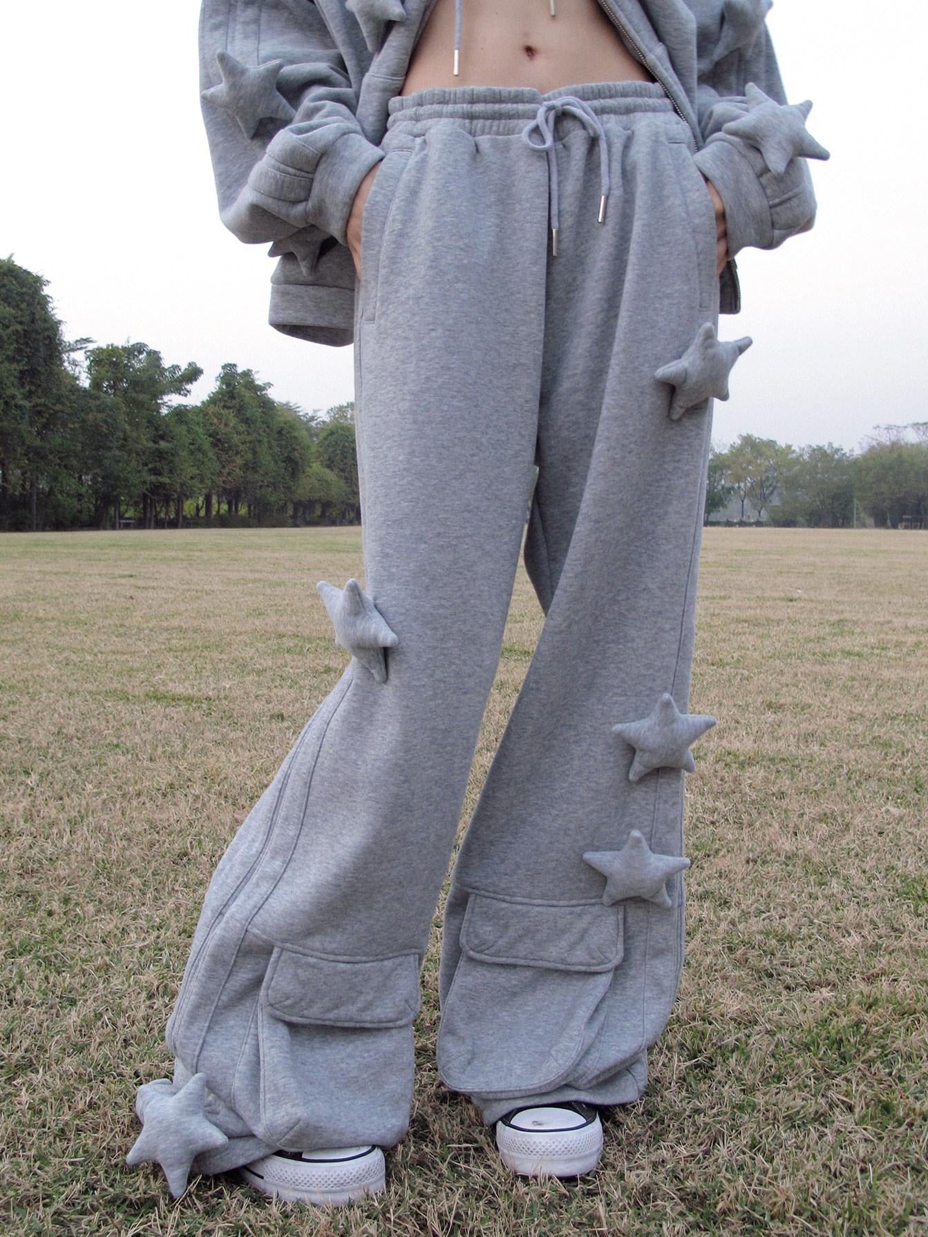 CFIERCE Asymmetrical Loose Straight Leg Street Natural Waist Gray Cotton Pants
