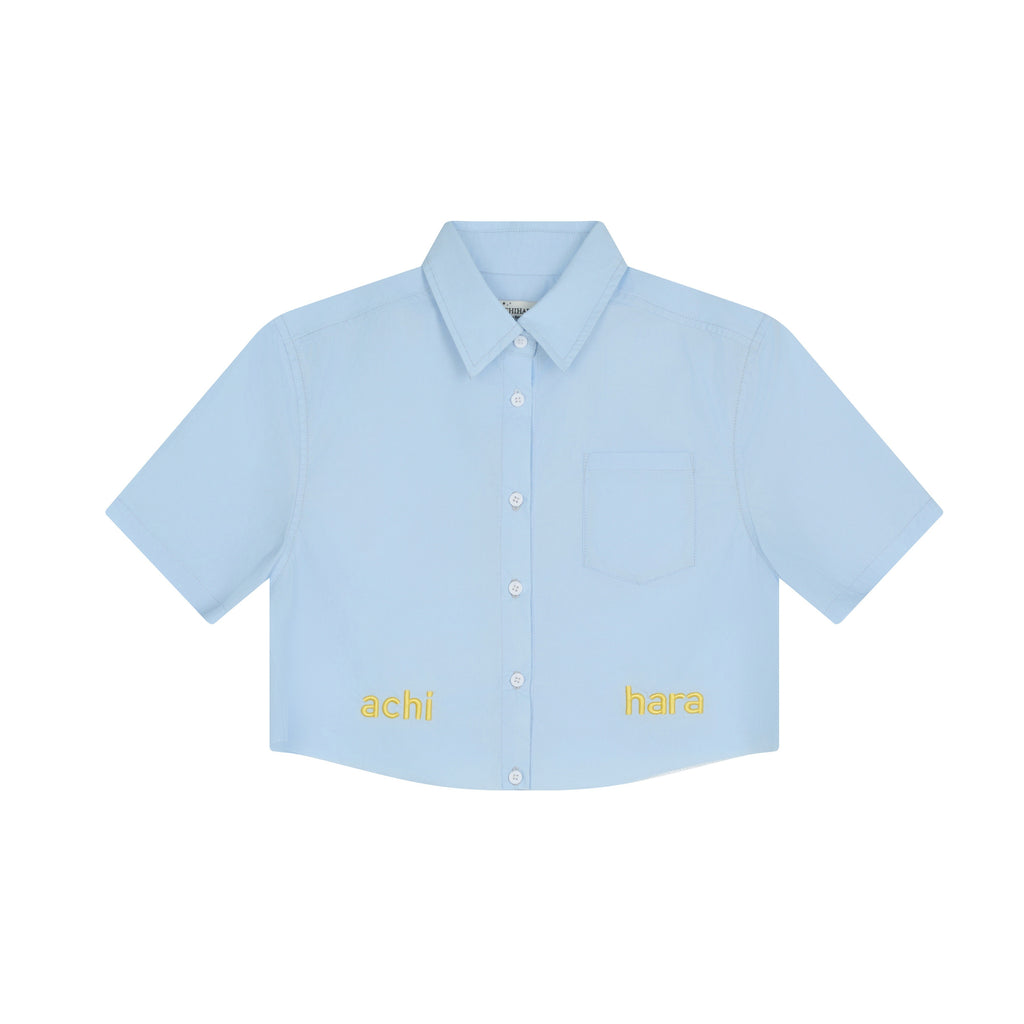 Achihara_Soda_Blue_Office_Collared_Short_Sleeve_Women'S_100_Percent_Cotton_Crop_Tops_MISSTT