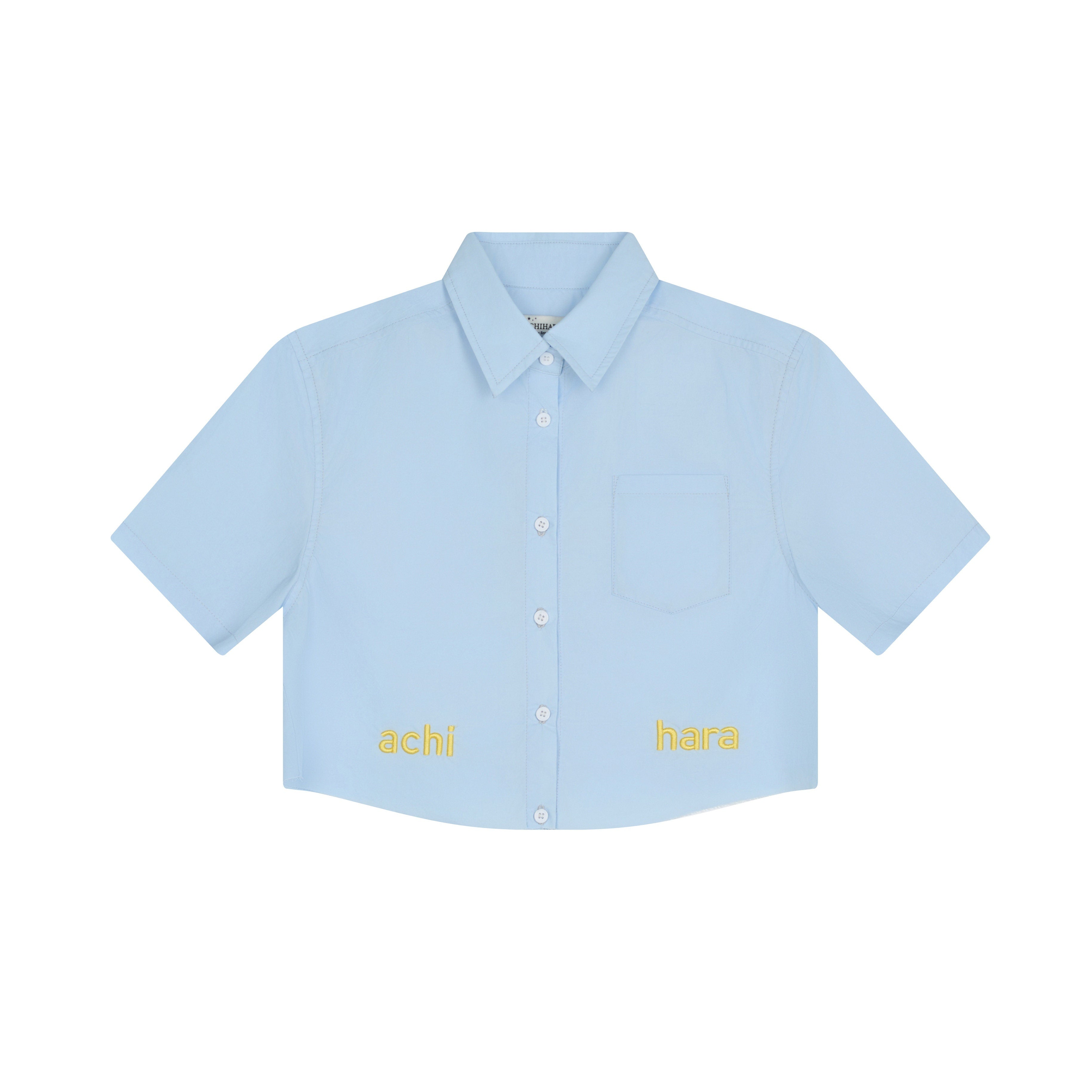 Achihara_Soda_Blue_Office_Collared_Short_Sleeve_Women'S_100_Percent_Cotton_Crop_Tops_MISSTT