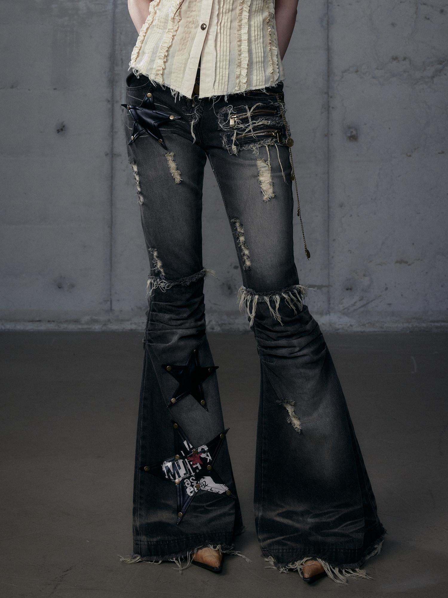 NO ROMANCE Vintage Washed Black Star Print High Waist Slim Fit Women Jeans Flare Jeans