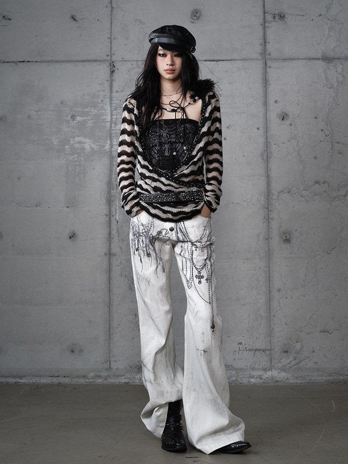 NO ROMANCE Dyed Punk Washed White Loose Fit Natural Waist Cotton Women Wide-Leg Jeans