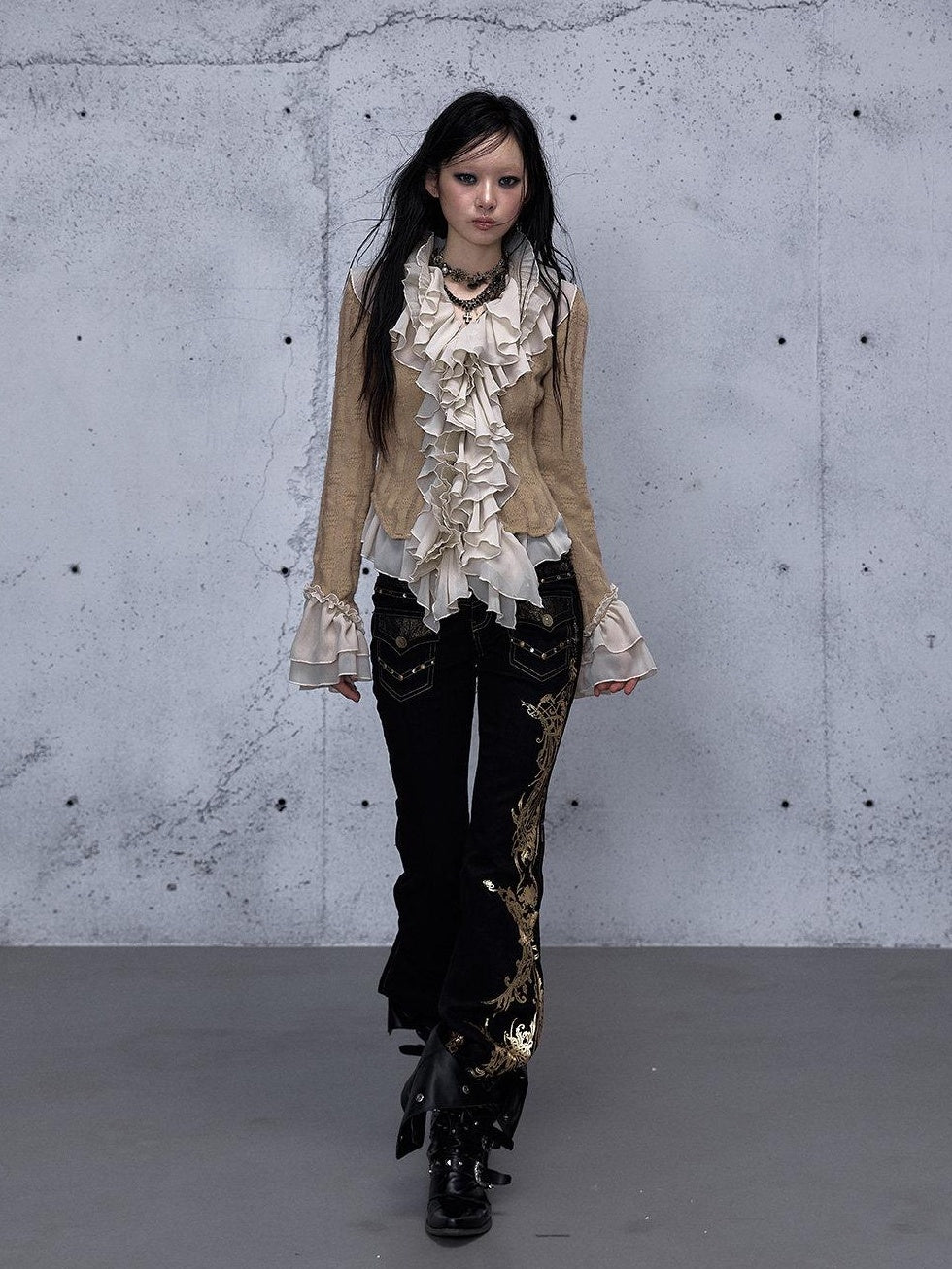 NO ROMANCE Rhinestone Low Rise Slim Fit Modern Patchwork Floral Mid Stretch Flare Jeans